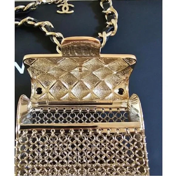 Chanel Gold and Black Micro Classic Flap Necklace in Metal  display picture 1